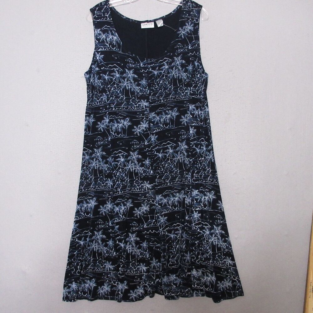 Chico's Blue Dress with White Palm Sketch Print - Sleeveless Midi